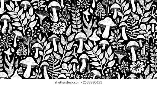 Half Drop Seamless Pattern from White Silhouettes of Stylized Mushrooms and Foliage on Black Background. Wallpaper Design for Textiles, Fabrics, Papers, Fashion Prints, Wrappings, Colorings.