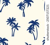 Half drop seamless repeat pattern with navy blue palm tree silhouettes on cream. Men, boys, sophisticated tropical, pool, beach, shirt print and more.