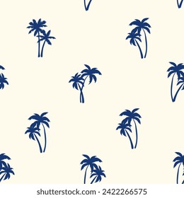 Half drop seamless repeat pattern with ditsy navy blue palm tree silhouettes on cream. Men, boys, sophisticated tropical, pool, beach, shirt print and more.