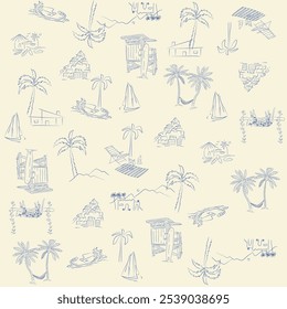 Half drop seamless repeat pattern with navy blue palm tree silhouettes on cream. Men, boys, sophisticated tropical, pool, beach, shirt print and more.