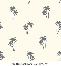 Half drop seamless repeat pattern with ditsy charcoal gray palm tree silhouettes on cream. Men, boys, sophisticated tropical, pool, beach, shirt print and more.