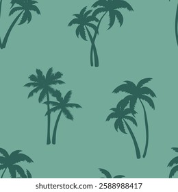 Half drop seamless repeat pattern with tonal teal green palm tree silhouettes. Men, boys, tropical beach, shirt print, swimwear, apparel, towels and more.