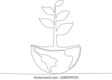 half of the earth and i bud of the tree on it. World environment day one-line drawing