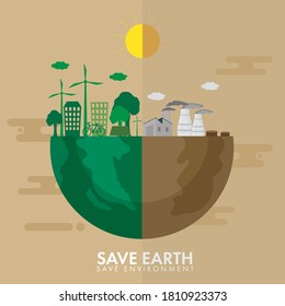 Half Earth of Green or Eco and Pollution City for Save Environment Concept.