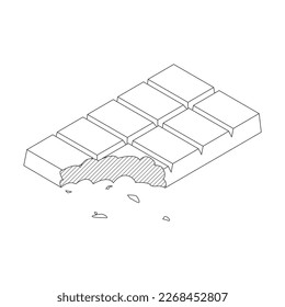 Half eaten chocolate bar outline vector illustration drawing on white background. Bitten square chocolate bar vector design in isometric style. Chocolate bar line art . Linear stylee