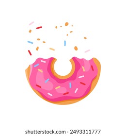 Half eaten donut, bitten breakfast doughnut with crumbs and pink glaze vector illustration