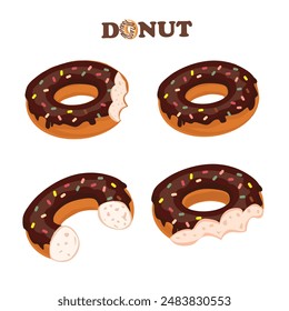 Halb verzehrte Donut-Vektorillustration. Donut. Süßes Essen oder Dessert Clipart. Die Hälfte hat gegessen. Gebissener Donut-Clipart. Flache Vektorgrafik im Cartoon-Stil isoliert auf weißem Hintergrund.