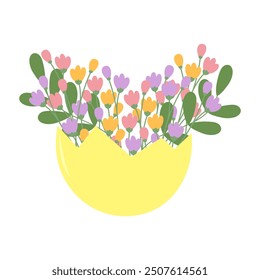 Half eggshell with flowers and branches in. Happy Easter Greetings design concept Isolated on white