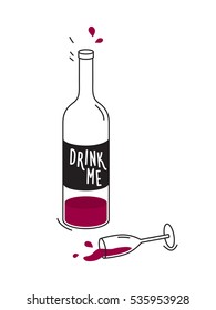 Half Empty Bottle Of Red Wine And Knocked Over Wineglass. Concept Of Drinking Alcohol, Depression And Loneliness