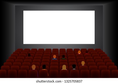 Half Empty Cinema Hall With Blank Screen. Vector Illustration.