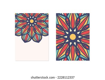 Half empty mandalas holiday cards. Vector vintage visiting card set. Floral mandala pattern and ornaments. Oriental design Layout. Islam, Arabic, Indian, ottoman motifs. Front page and back page.