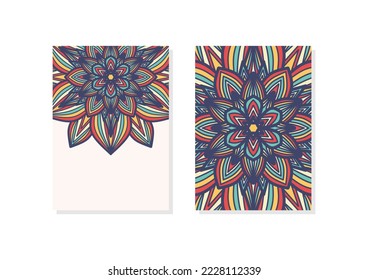 Half empty mandalas holiday cards. Vector vintage visiting card set. Floral mandala pattern and ornaments. Oriental design Layout. Islam, Arabic, Indian, ottoman motifs. Front page and back page.