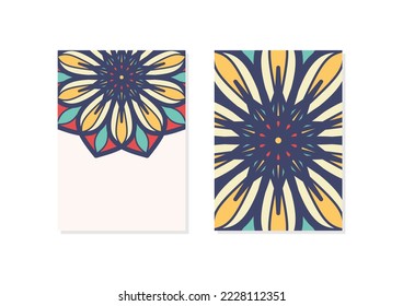 Medio mandalas vacías tarjetas de vacaciones. Juego de tarjetas de visita vectorial vintage. Patrón de mandala floral y adornos. Diseño oriental. Motivos islámicos, árabes, indios, otomanos. Página principal y página posterior.