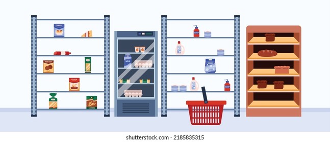 Half empty supermarket shelves, red shopping basket flat style, vector illustration. Food crisis, deficit goods, limited selection of products. Essential goods