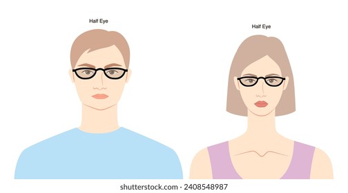 Half Eye frame glasses on women and men flat character fashion accessory illustration. Sunglass unisex silhouette style, rim spectacles eyeglasses with lens sketch outline isolated on white background