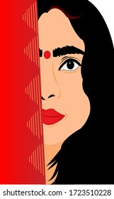 Half face of beautiful asian bengali woman or girl with red sari vector art, Editable eps available