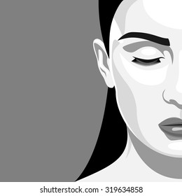 Half Face black and white Portrait of Beautiful Woman with closed eyes. Vintage illustrarion of Vampire Lady