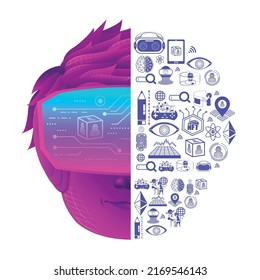 Half face boy use VR virtual reality goggle and metaverse icons.Education for metaverse concept