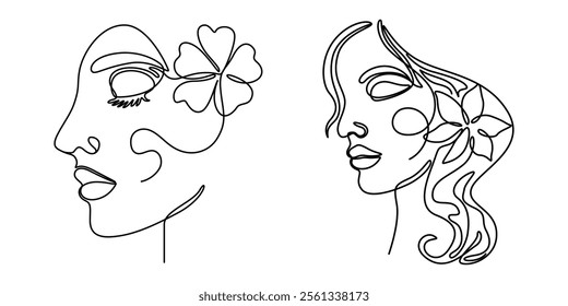 Half face of a girl in one line style. Vector stock illustration. White background. isolated. outline. Modern design for posters with blots, Continuous line, drawing of beauty half woman face, fashion