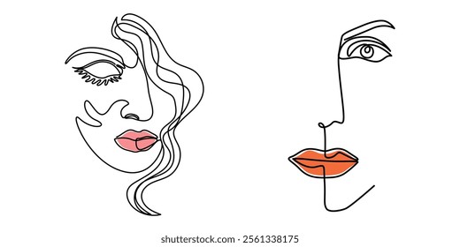 Half face of a girl in one line style. Vector stock illustration. White background. isolated. outline. Modern design for posters with blots, Continuous line, drawing of beauty half woman face, fashion