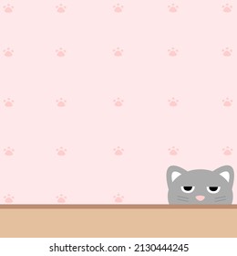 half face gray cat and pink background with cat's foot pattern 