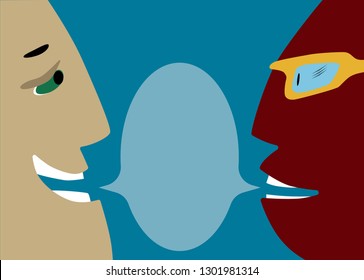 half of the face. mouth open. big speech bubble. positive mood, cheerful communication.
spread out in layers. For printing, advertising, websites