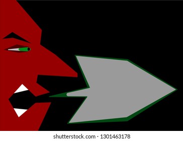 half of the face. mouth open. Evil expression 
