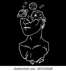 Half Face With Planets in Head, Vector Illustration, Designs for Clothes, Vinyls, Mugs, Caps, Posts and Others Projects.