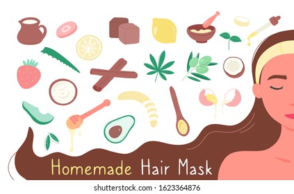 Half Face Portrait Of Woman In Yellow Headband Surrounded By Various Food Products For Making DIY Homemade Hair Masks. Close Up View. Flat Trendy Hand Drawn Style. Hair Mask Ingredient Set.