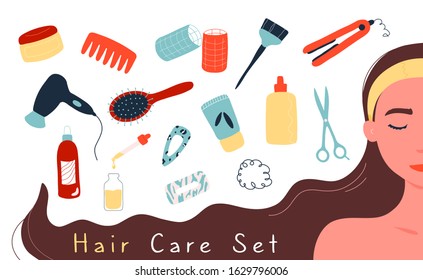 Half face portrait of woman in yellow headband surrounded by various hair care products and appliances. Close up view. Flat trendy hand drawn style.