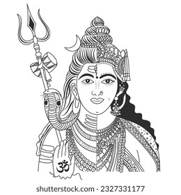 Half face Shiva and Parvati with ornaments in abstract style outline. Lord Shiva with snake, trishula and damru. Hand drawn Vector illustration.