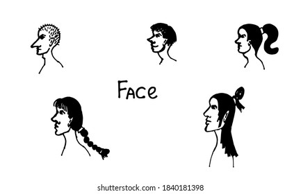 Half face silhouette. Vector hand drawn ink illustration. Collection of people's heads side view. Simple line art portrait