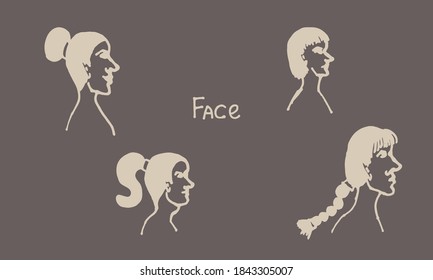 Half face silhouette. Vector hand drawn ink illustration. Collection of people's heads side view. Simple line art portrait