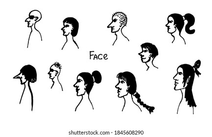 Half face silhouette. Vector hand drawn ink illustration. Collection of people's heads side view. Simple line art portrait
