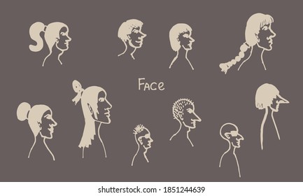 Half face silhouette. Vector hand drawn ink illustration. People's head side view. Simple line art portrait
