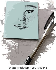 Half face sketch with pen vector