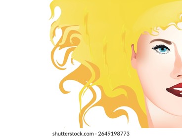 Meia face de mulher loira sorridente com cabelo ondulado longo e olhos azuis