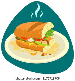Half fajita sandwich leftovers with bread, salad, tomatoes, onion, and chicken meat on dirty round plate with fat