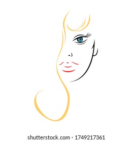 Half female face with long golden hair. Recolorable shape isolated from background. Vector illustration is a graphic element for artistic design.
