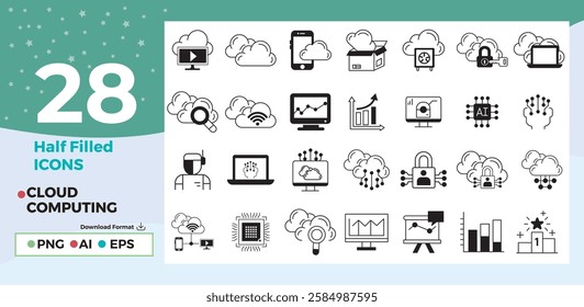 Half Filled Cloud Computing Icons – Cloud, Data, Security, AI, Server, Network, Technology Vector Set