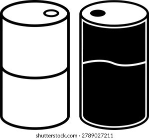 Half filled and empty black cylindrical barrel icons with liquid level