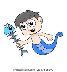 half fish man holding fish bone as weapon, vector illustration art. doodle icon image kawaii.