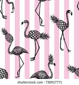 Half flamingo and pineapple stripe pink background. Hand drawn ink vector print