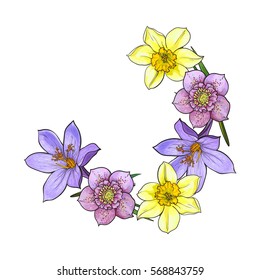 Half frame of spring flowers, decoration element, sketch vector illustration isolated on white background. Hand drawn realistic early spring flowers as half round frame, banner, label design