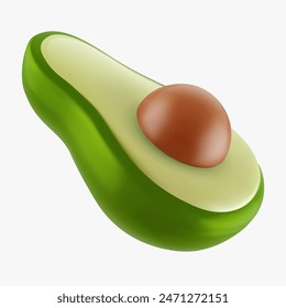 Halb frische Avocado mit Nuss im hellen 3D-Cartoon-Stil. Realistische süße Pflanze für gesunde Ernährung. Minimale Vektorillustration isoliert auf weißem Hintergrund.