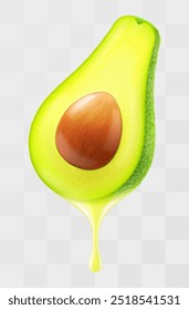 Half of fresh avocado with oil drop isolated on transparent background. Green avocado for healthy eating. Realistic 3d vector illustration.