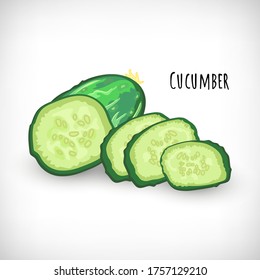 Half fresh cucumber, cucumber slices in flat style. Vegetable organic eco bio farm product. Lettering Cucumber. Green raw vegetable hand drawn image. Cartoon vector illustration on white background.