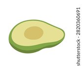 Half of fresh green avocado without pit isolated on plain white background. Organic superfood fruit vector clipart for food and health graphics.