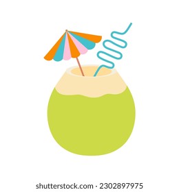 half of fresh green coconut with drinking straw and small umbrella, tropical cocktail, cartoon vector illustration in flat style