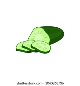 Half of fresh green cucumber and three round slices. Organic vegetable. Fresh farm food. Natural and healthy ingredient for cooking. Flat vector illustration